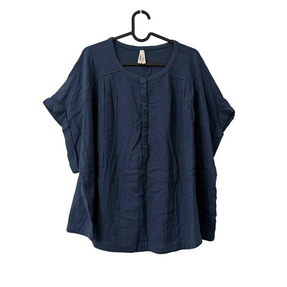 Pact Teal Gauzy Cotton Boxy Short Sleeve 1/2 Button Top Womens Size 3XL - Picture 1 of 6